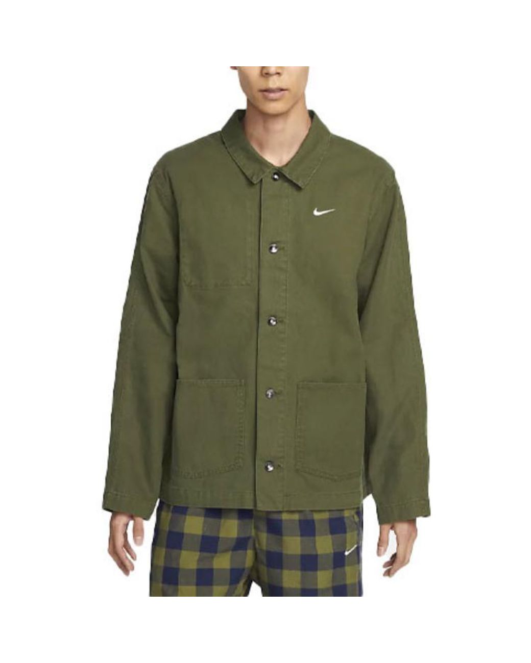 Nike Green Solid Color Logo Lapel Casual Long Sleeves Military Jacket for men