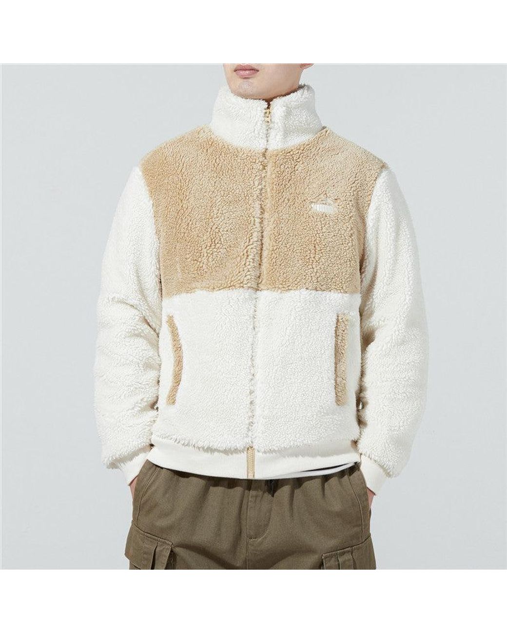 PUMA White Colorblock Lamb's Wool Stay Warm Sports Stand Collar Logo Jacket for men