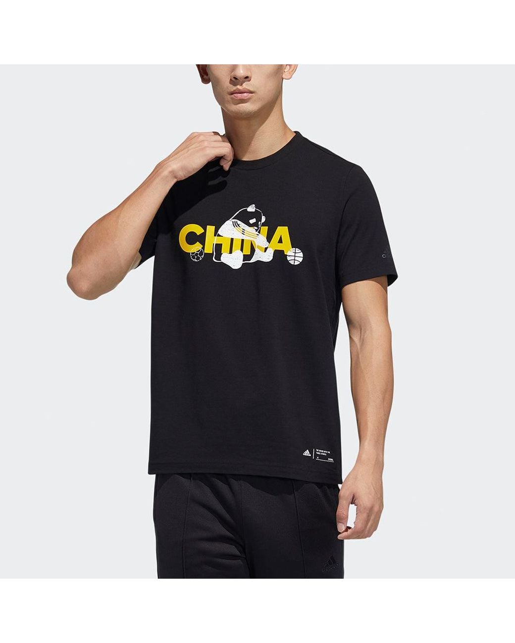 Adidas Black China Tee M 2 Printed Crew Neck Short-Sleeved