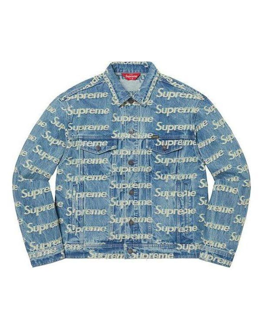 Supreme Blue Frayed Logos Denim Trucker Jacket for men