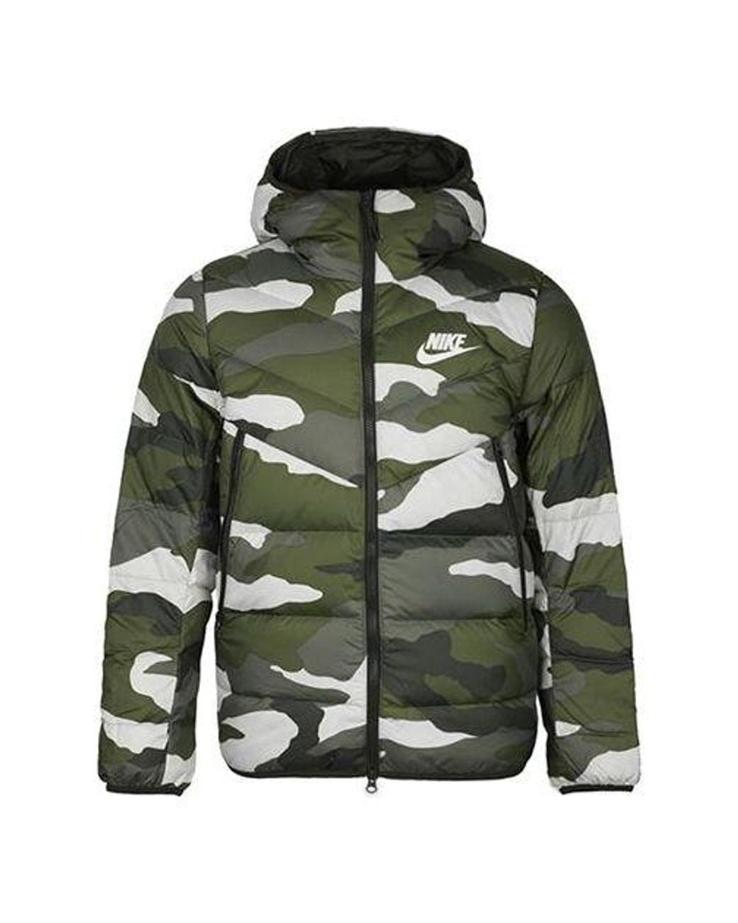Nike Green Sportswear Down Windrunner Printing Hooded Down Jacket Camouflage for men
