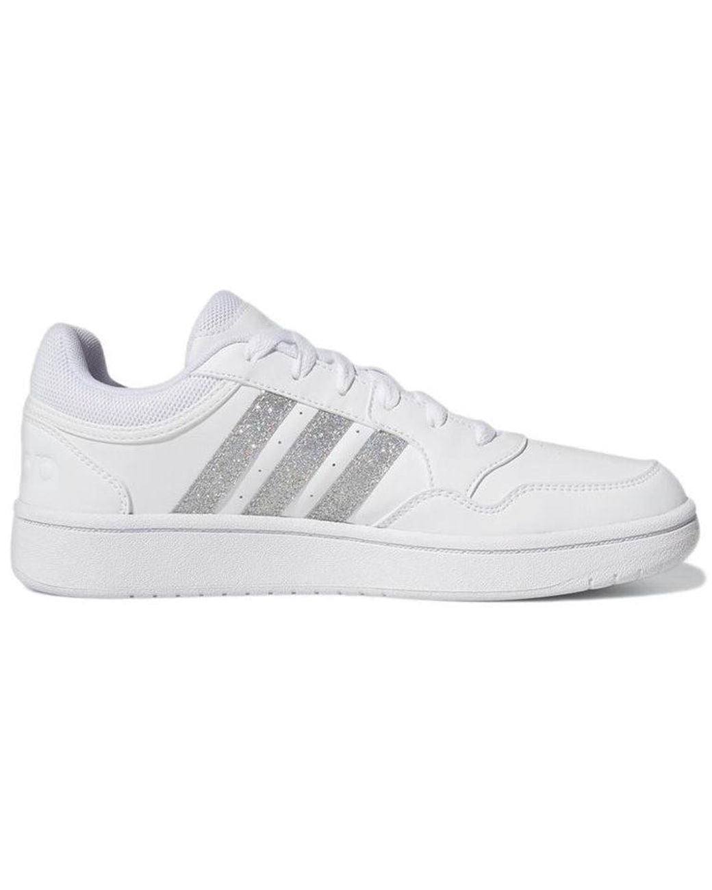 Adidas White (Wmns) Hoops 3.0 Low Cut Tennis Shoes Metallic'