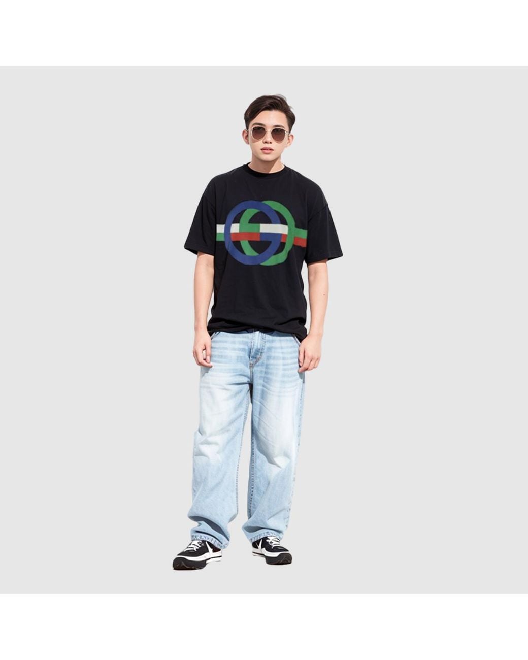 Gucci Black Round Gg Print Cotton T-Shirt for men
