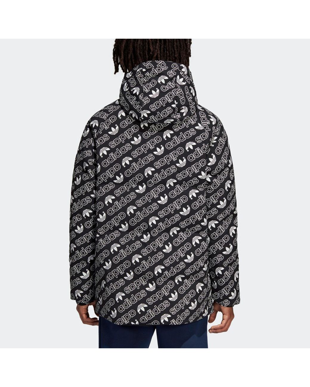 Adidas Gray Originals Monogram Jkt Full Print Logo Reversible Stay Warm Hooded Down Jacket for men
