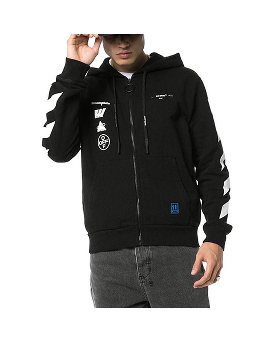 Off-White c/o Virgil Abloh Black Printing Hooded Zipper Jacket for men