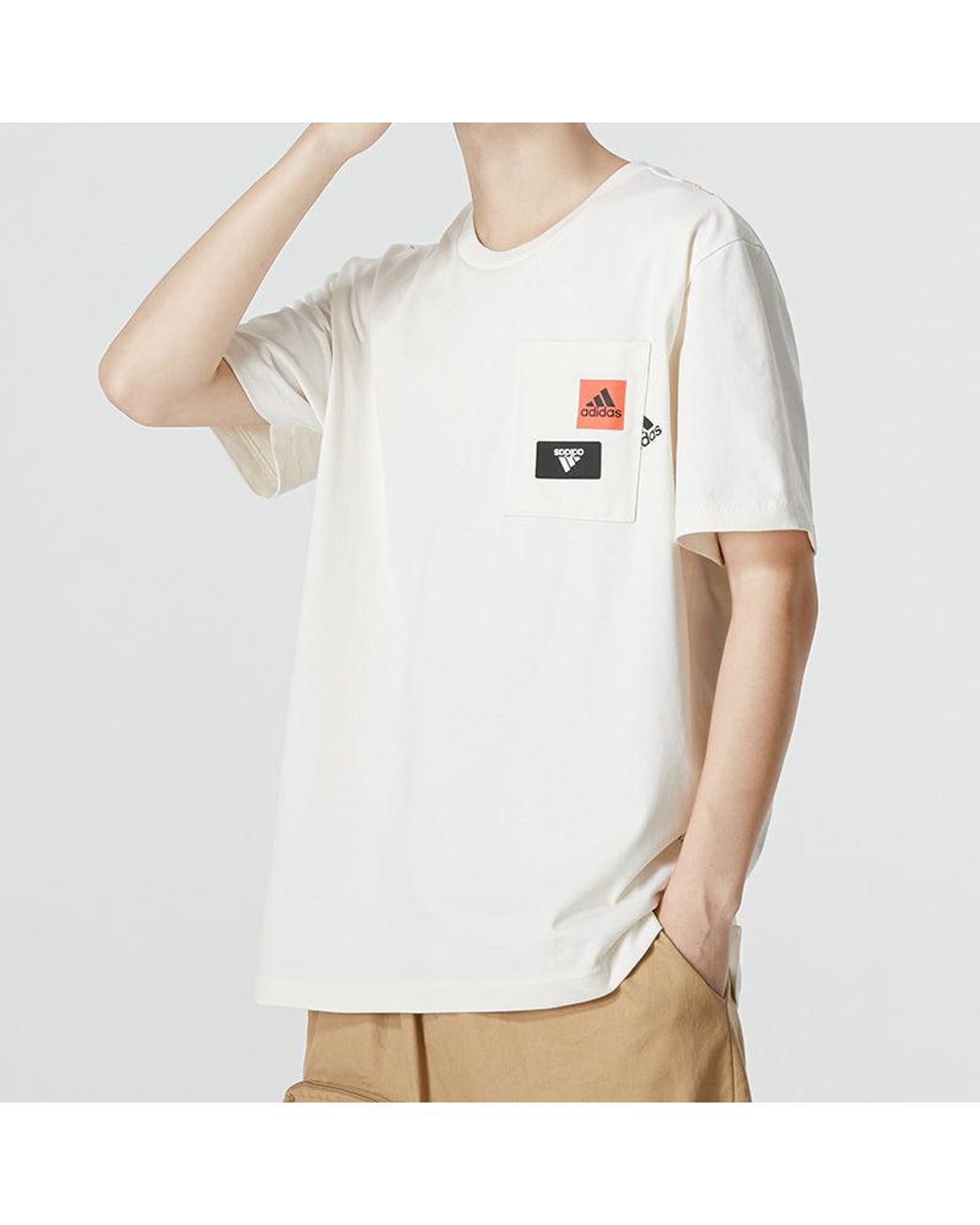 Adidas White Solid Color Logo Printing Pocket Athleisure Casual Sports Round Neck Short Sleeve T-Shirt for men