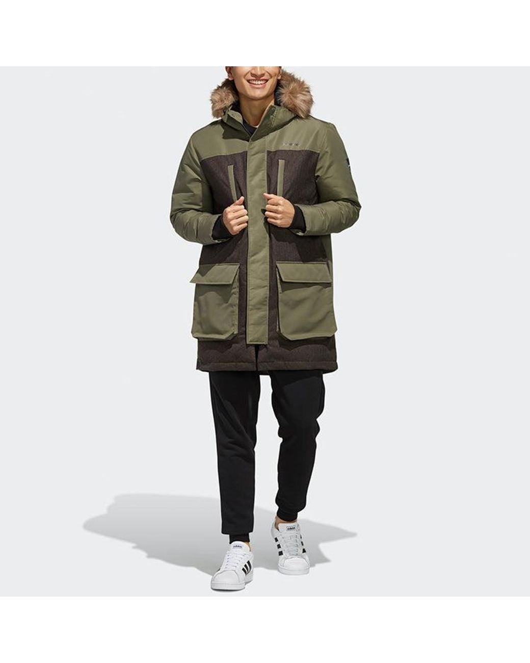 Adidas Green Neo M Strt Down Prk Sports Hooded Stay Warm Down Jacket Khaki for men