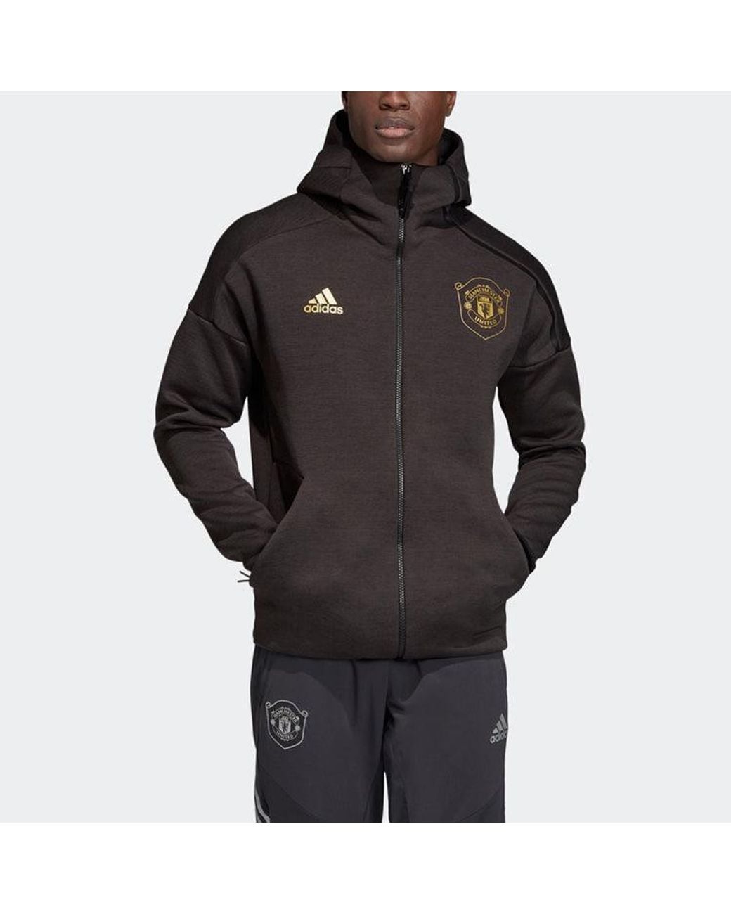 Adidas Black Mufc Zne Hd 3.0 Football Manchester United Hoodie Jacket for men