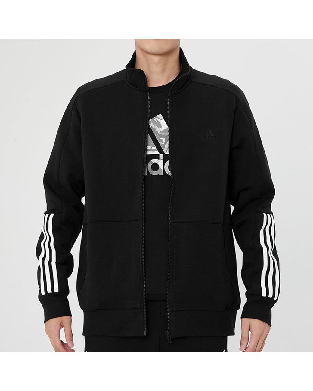 Adidas Black Fi Kn Tracktop Logo Printing Stripe Stand Collar Jacket for men