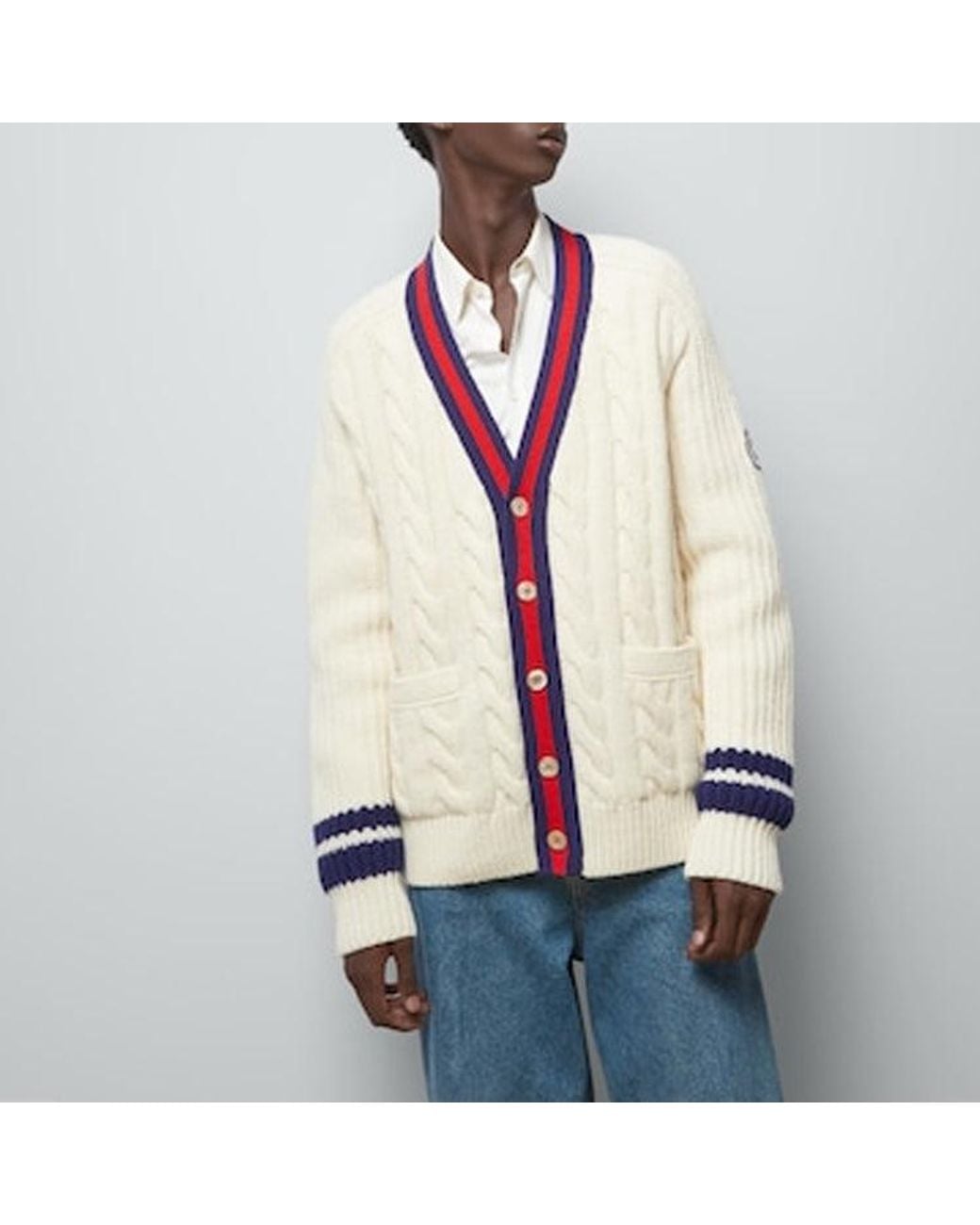 Gucci Natural Cable Wool Knit Cardigan With Web 'Ivory' for men