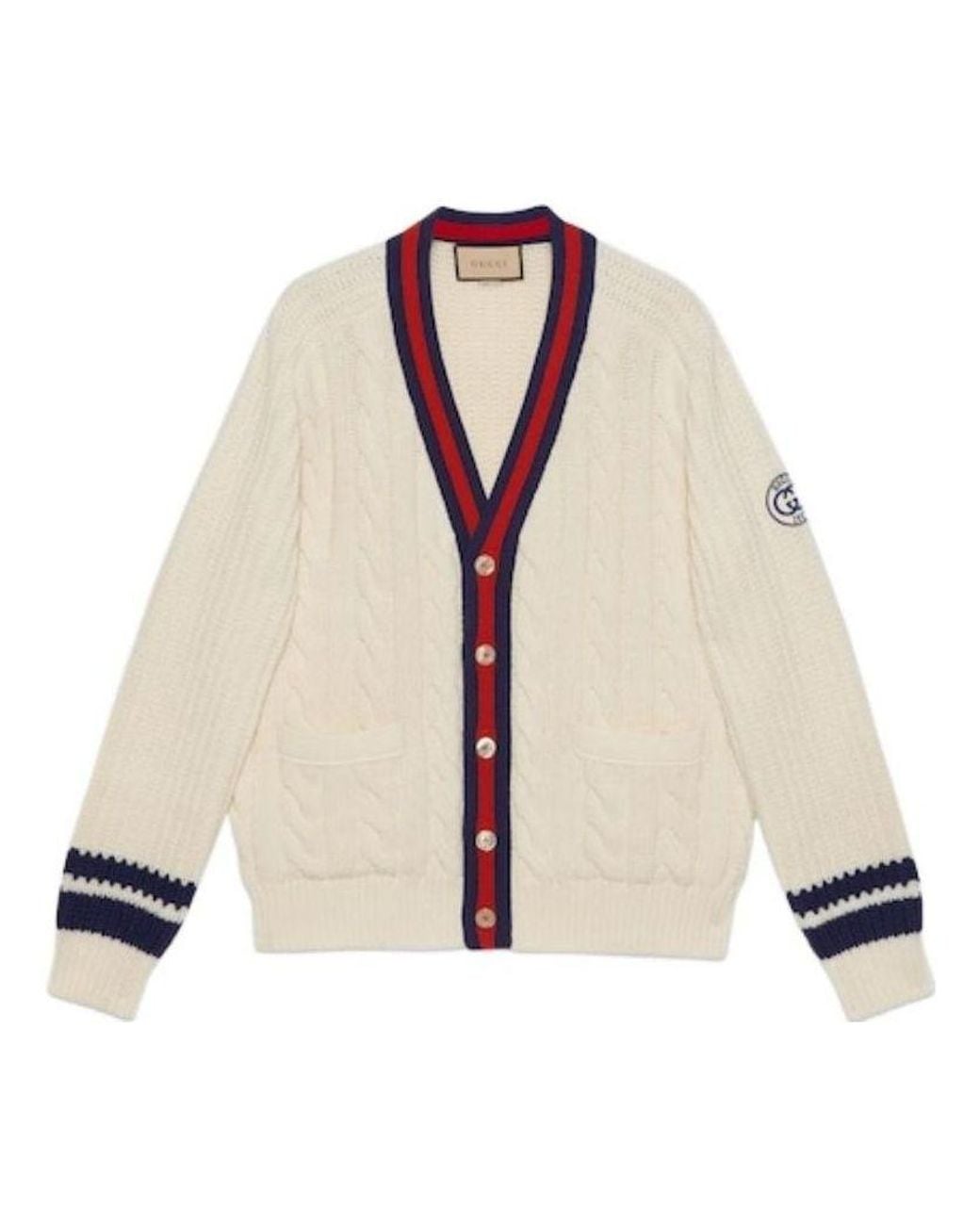 Gucci Natural Cable Wool Knit Cardigan With Web 'Ivory' for men