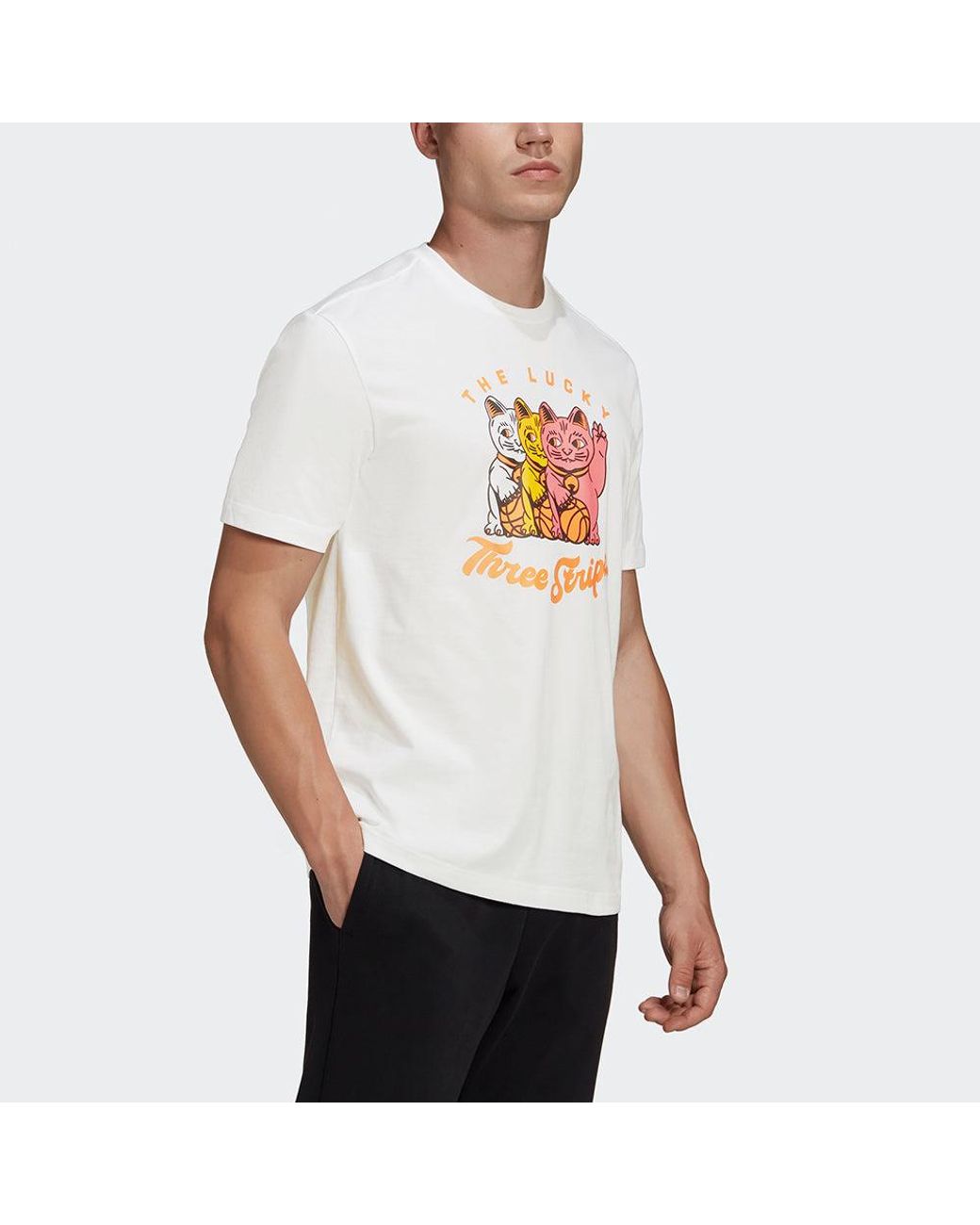 Adidas White 3 Cats Graphic Loose Sports Round Neck Cartoon Printing Short Sleeve for men