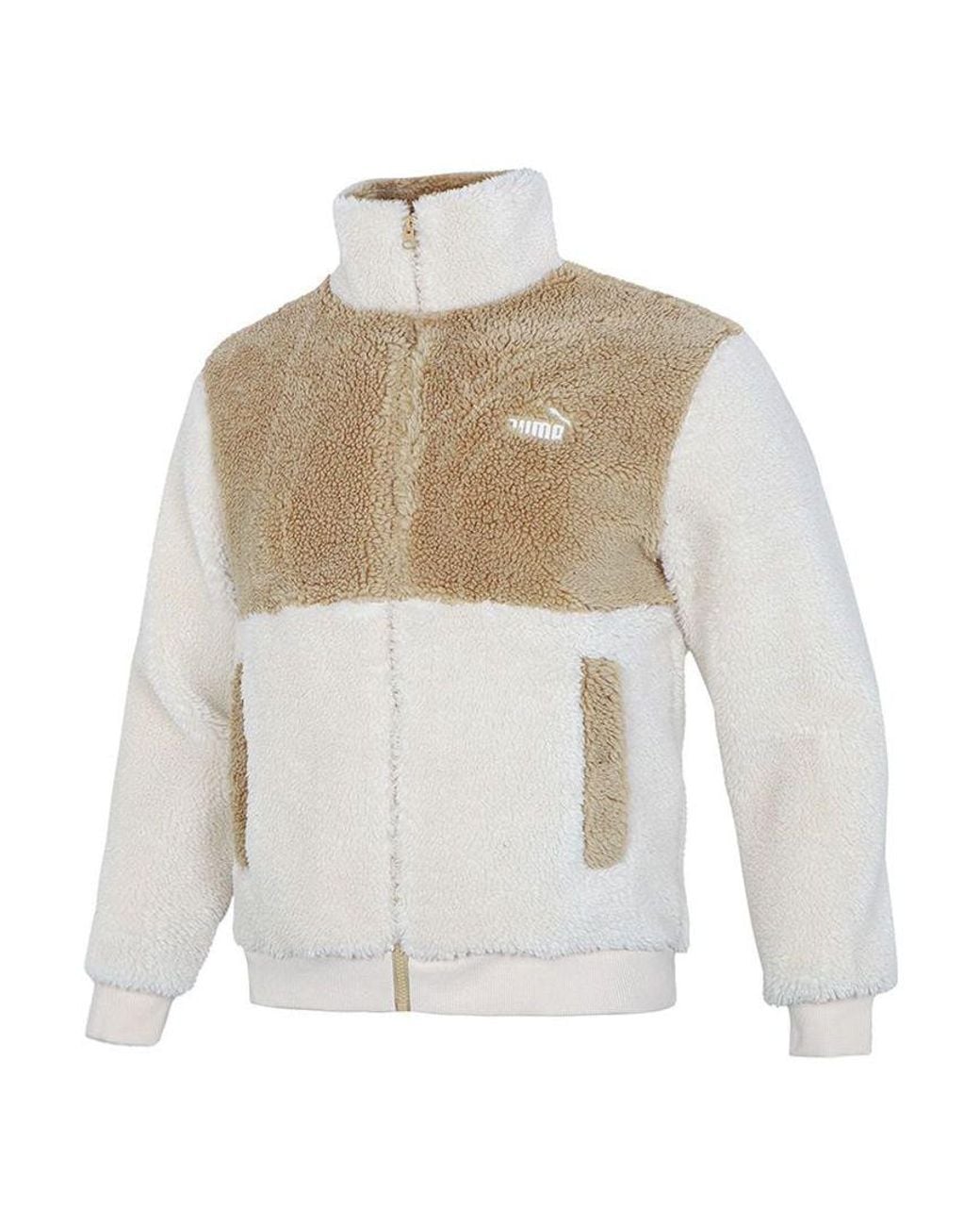 PUMA White Colorblock Lamb's Wool Stay Warm Sports Stand Collar Logo Jacket for men