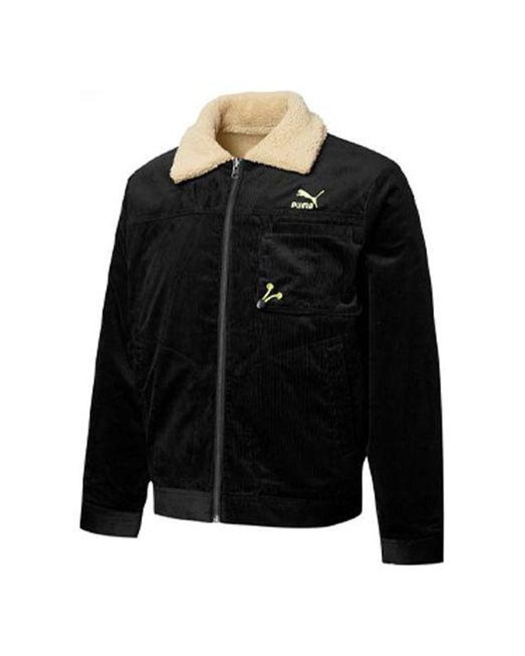 PUMA Black Cord Embroidered Logo Reversible Plush Corduroy Jacket for men
