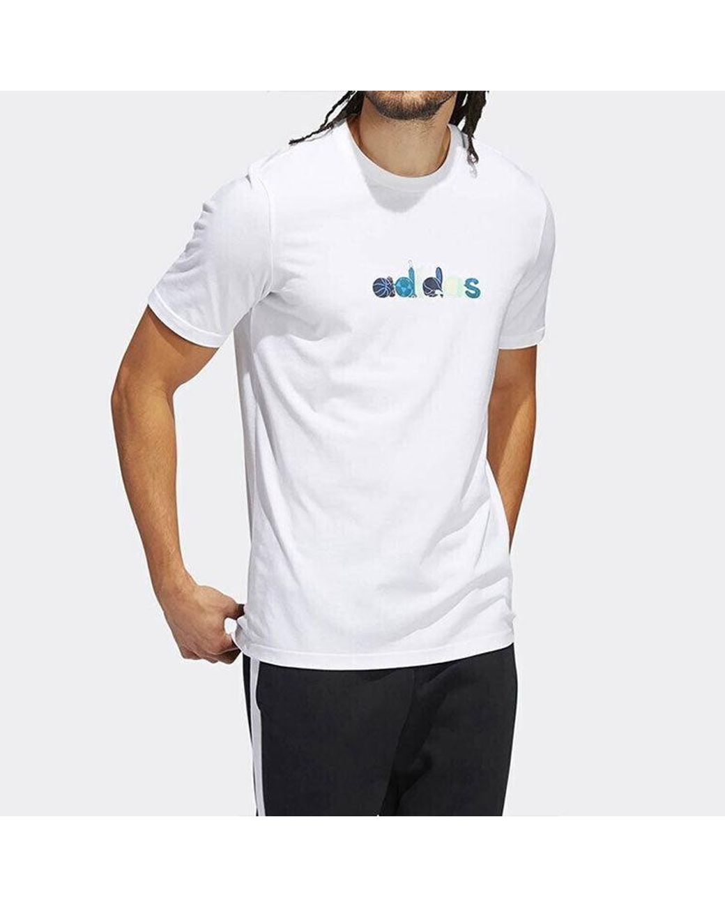 Adidas White Logo Pattern Running Gym Round Neck Short Sleeve for men