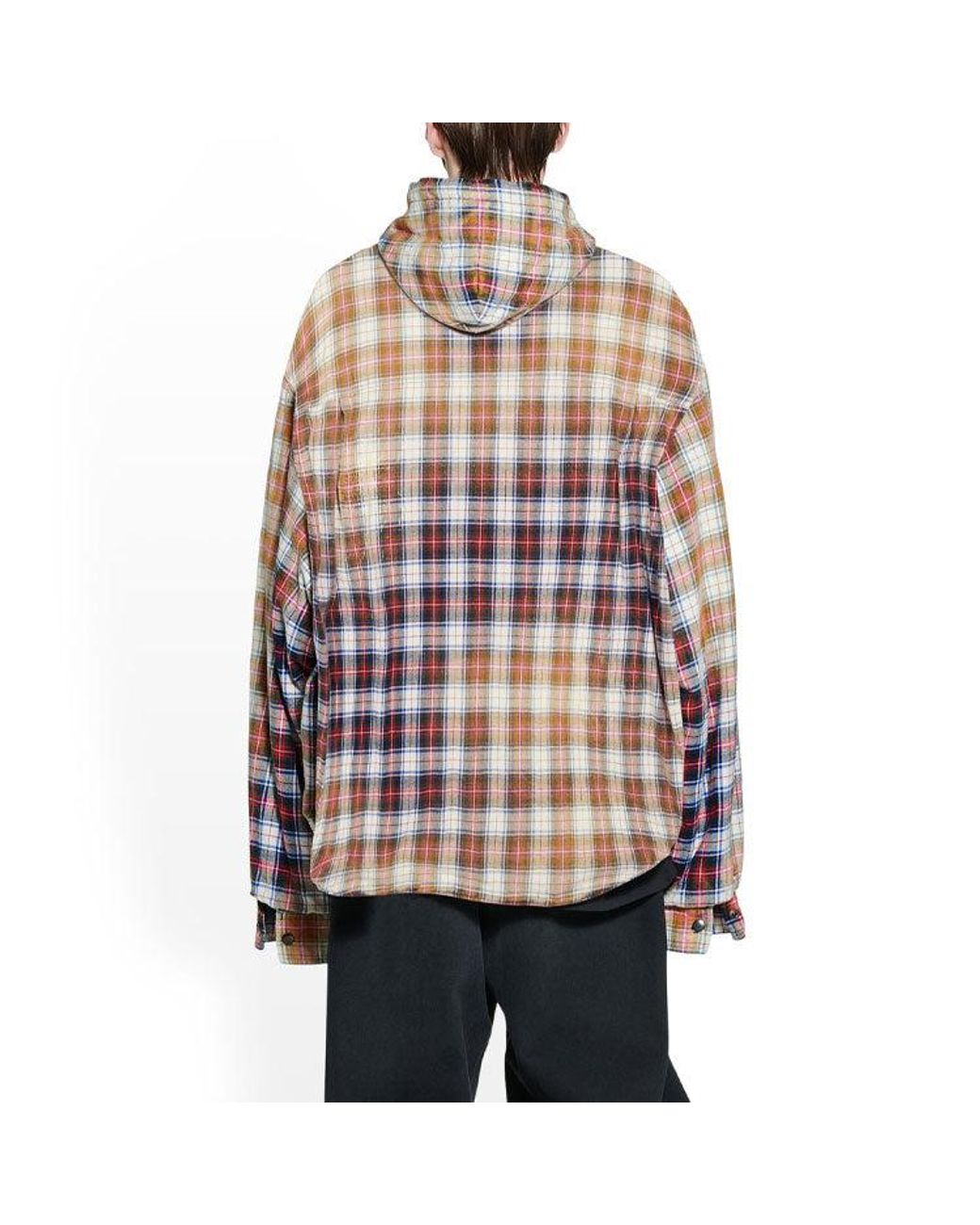 Balenciaga Brown Bleached Plaid Long Sleeve Hooded Shirt for men