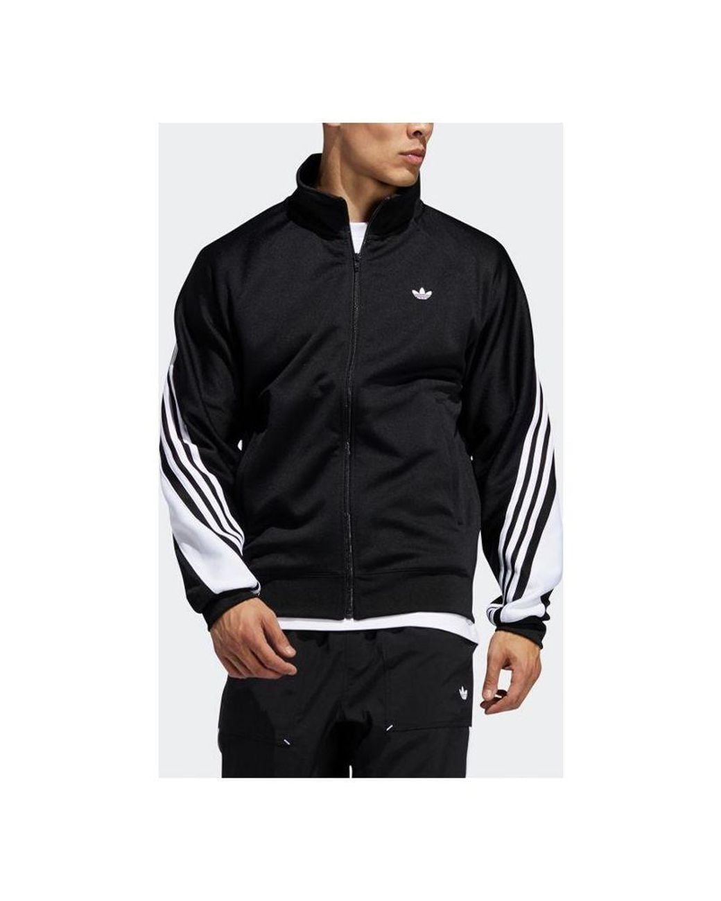Adidas Black Originals 3Stripe Wrap Tt Embroidered Logo Stand Collar Sports Jacket for men