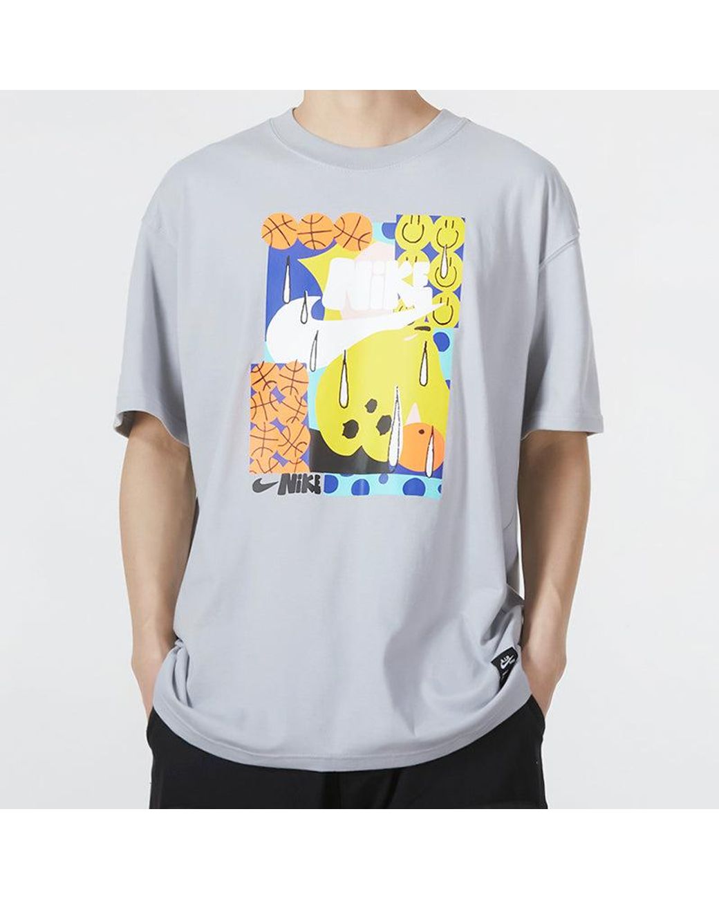 Nike Gray Smiling Face Basketball Pattern Printing Breathable Sports Short Sleeve Wolf T-Shirt for men