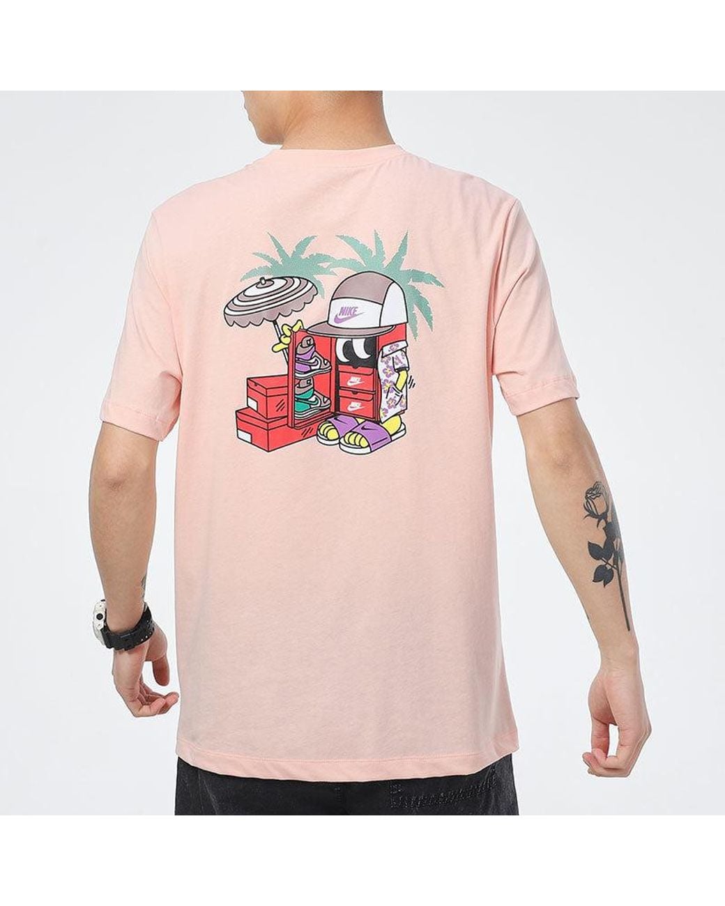 Nike Pink Sportswear Shoe Cartoon Printing Sports Round Neck Short Sleeve for men