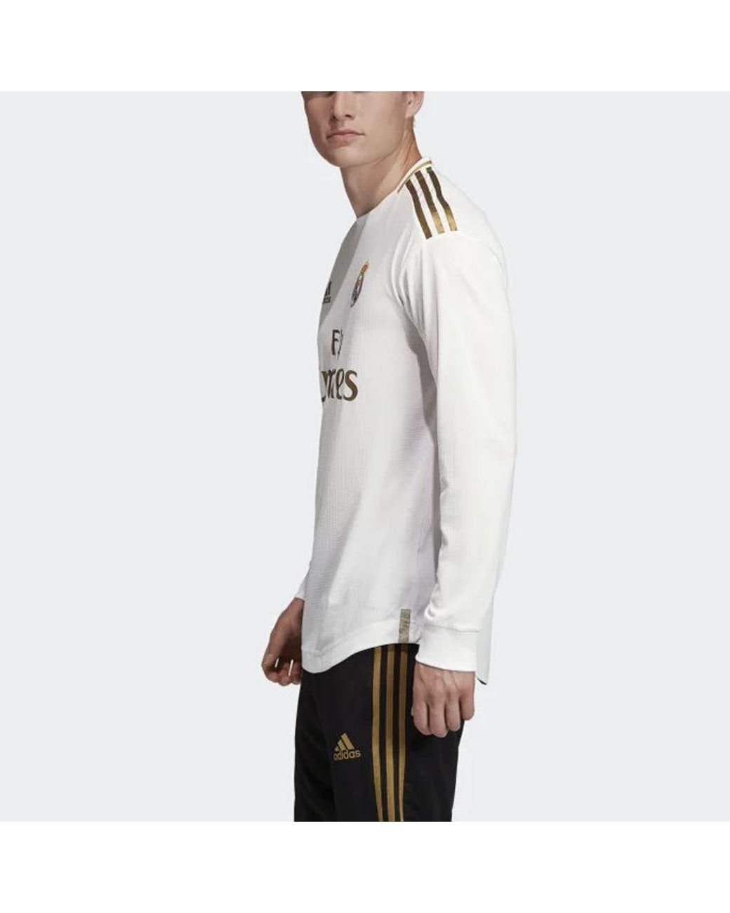 Adidas White Real Madrid 19-20 Season Player Edition Alphabet Logo Stripe Sports Soccer/Football Long Sleeves Jersey for men