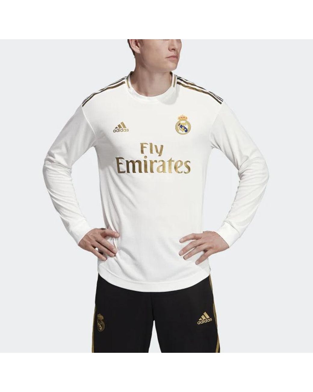 Adidas White Real Madrid 19-20 Season Player Edition Alphabet Logo Stripe Sports Soccer/Football Long Sleeves Jersey for men