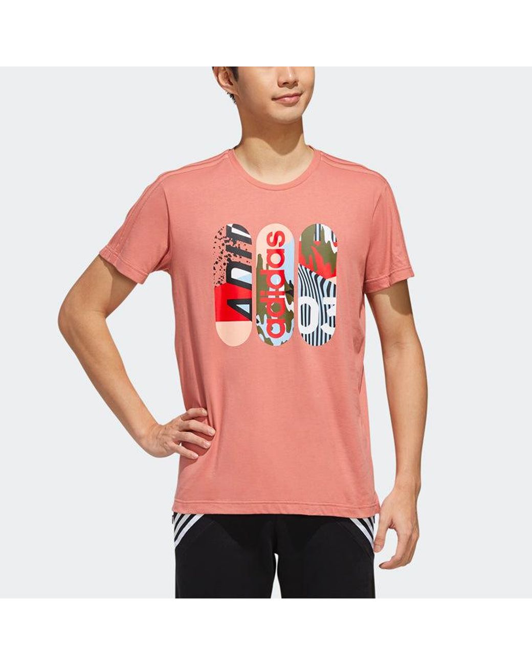 Adidas Pink Neo Casual Ribbed Round Neck Printing Short Sleeve for men