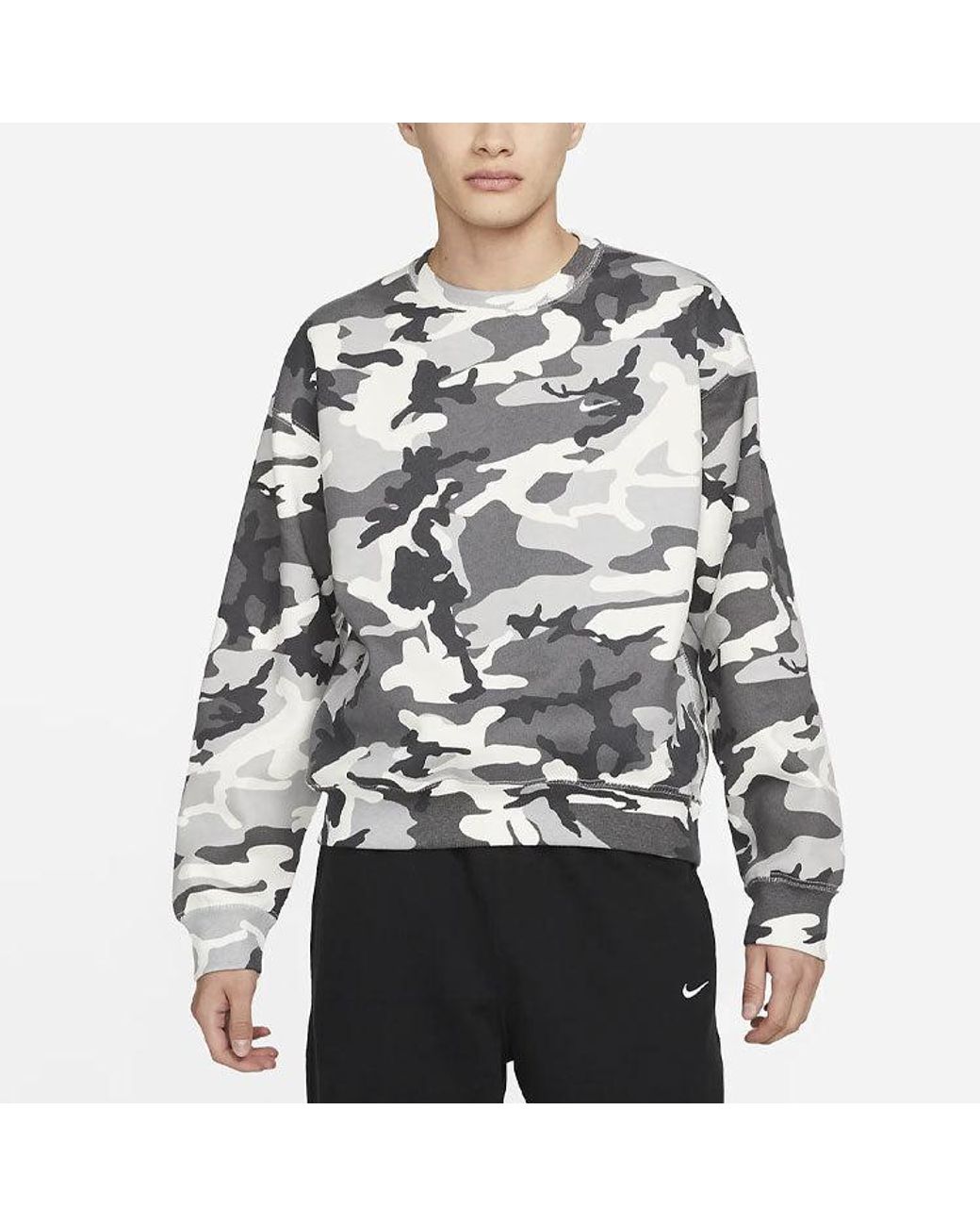 Nike Gray Solo Swoosh Camouflage Fleece Round Neck Pullover for men