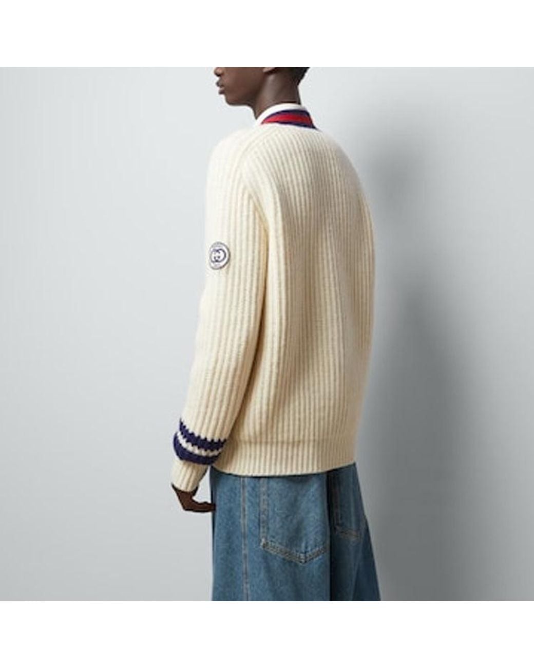 Gucci Natural Cable Wool Knit Cardigan With Web 'Ivory' for men