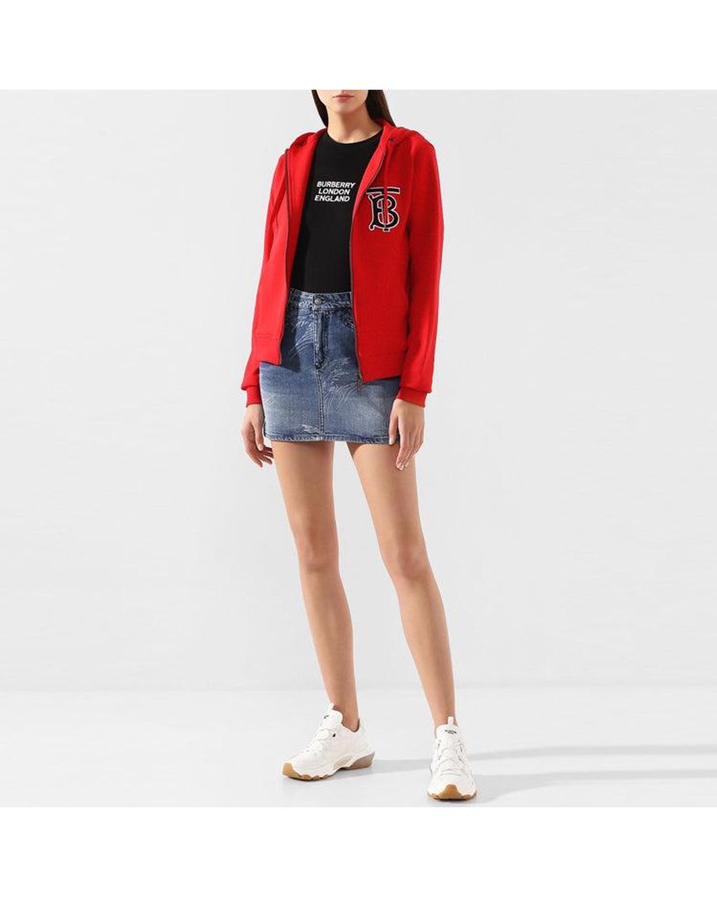 Burberry Red (Wmns) Alphabet Printing Zipper Hoodie