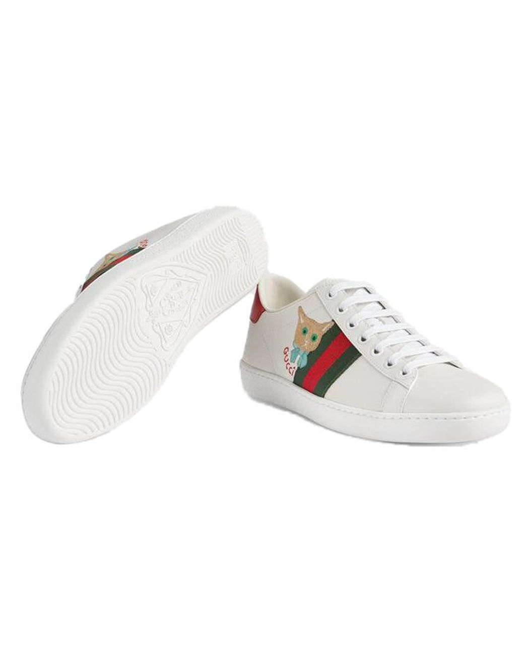 Gucci White Ace Cat Embroidered Sneakers