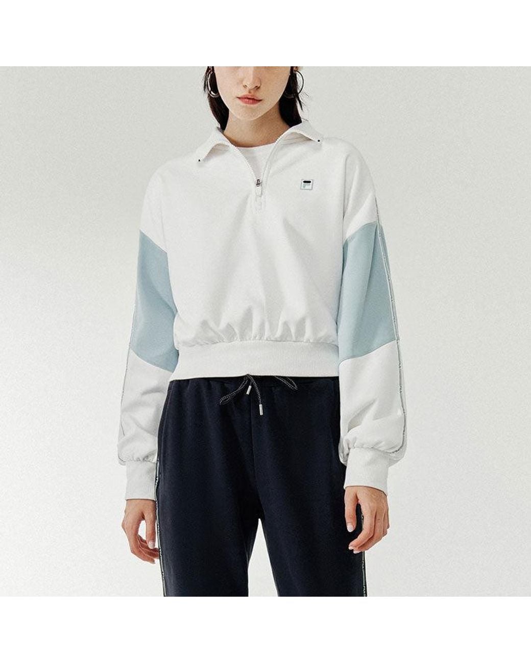 Fila Blue (Wmns) Sports Contrasting Colors Stand Collar Pullover Half Zipper Hoodie