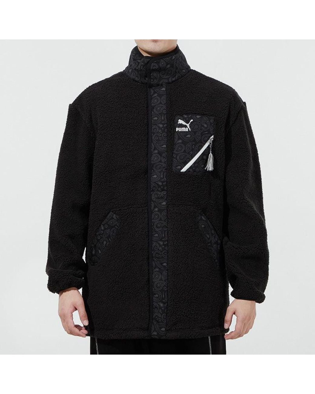 PUMA Black Paisley Imitation Lamb Wool Stand-Up Collar Jacket