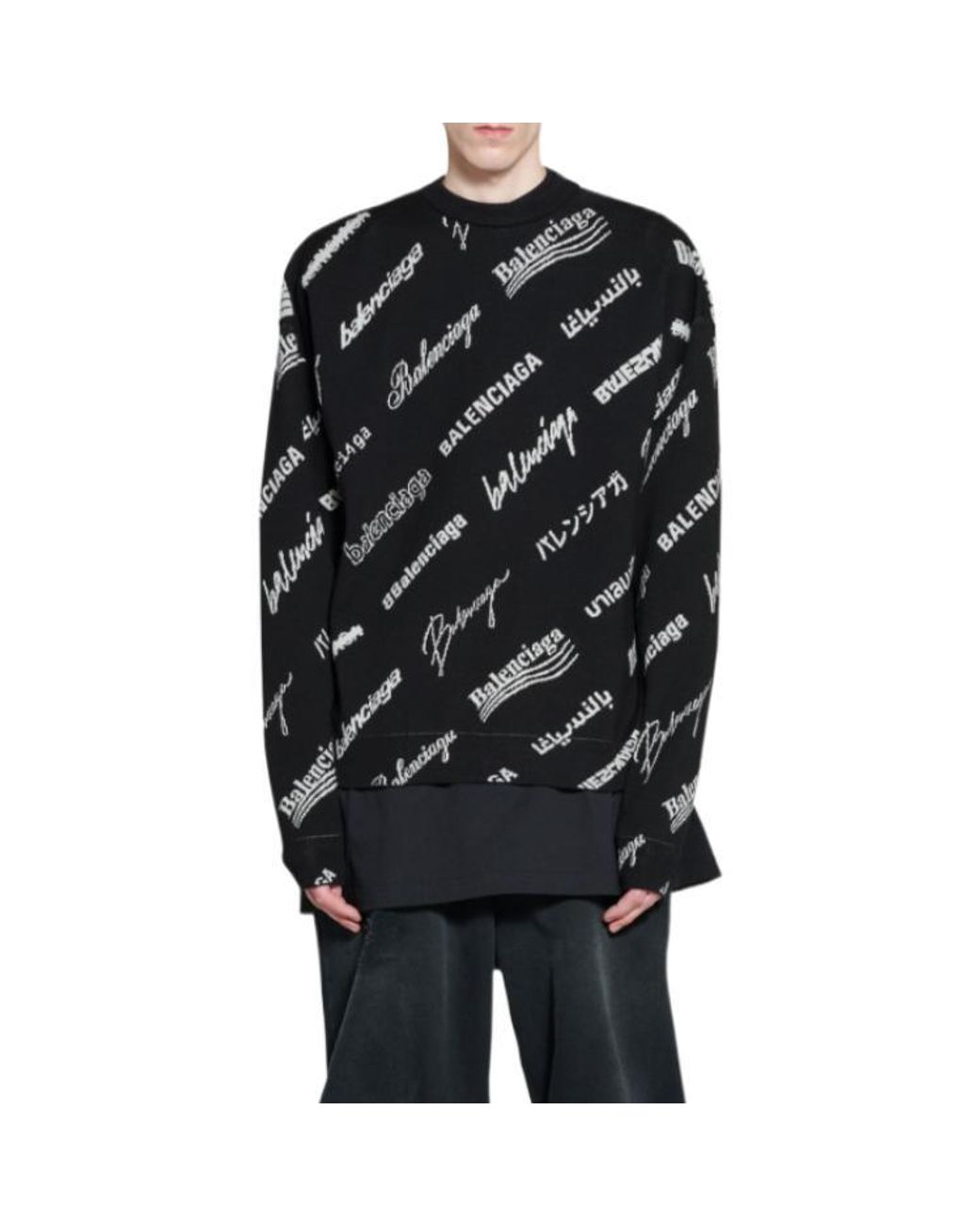 Balenciaga Black Allover Logo Print Crewneck Sweatshirt for men