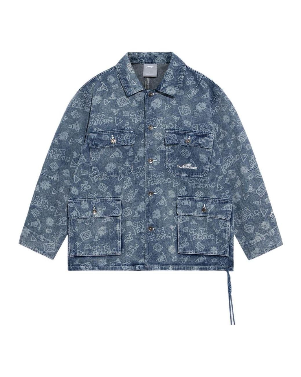 Li-ning Blue Skateboard Series Full Print Washed Denim Jacket 'Light' for men