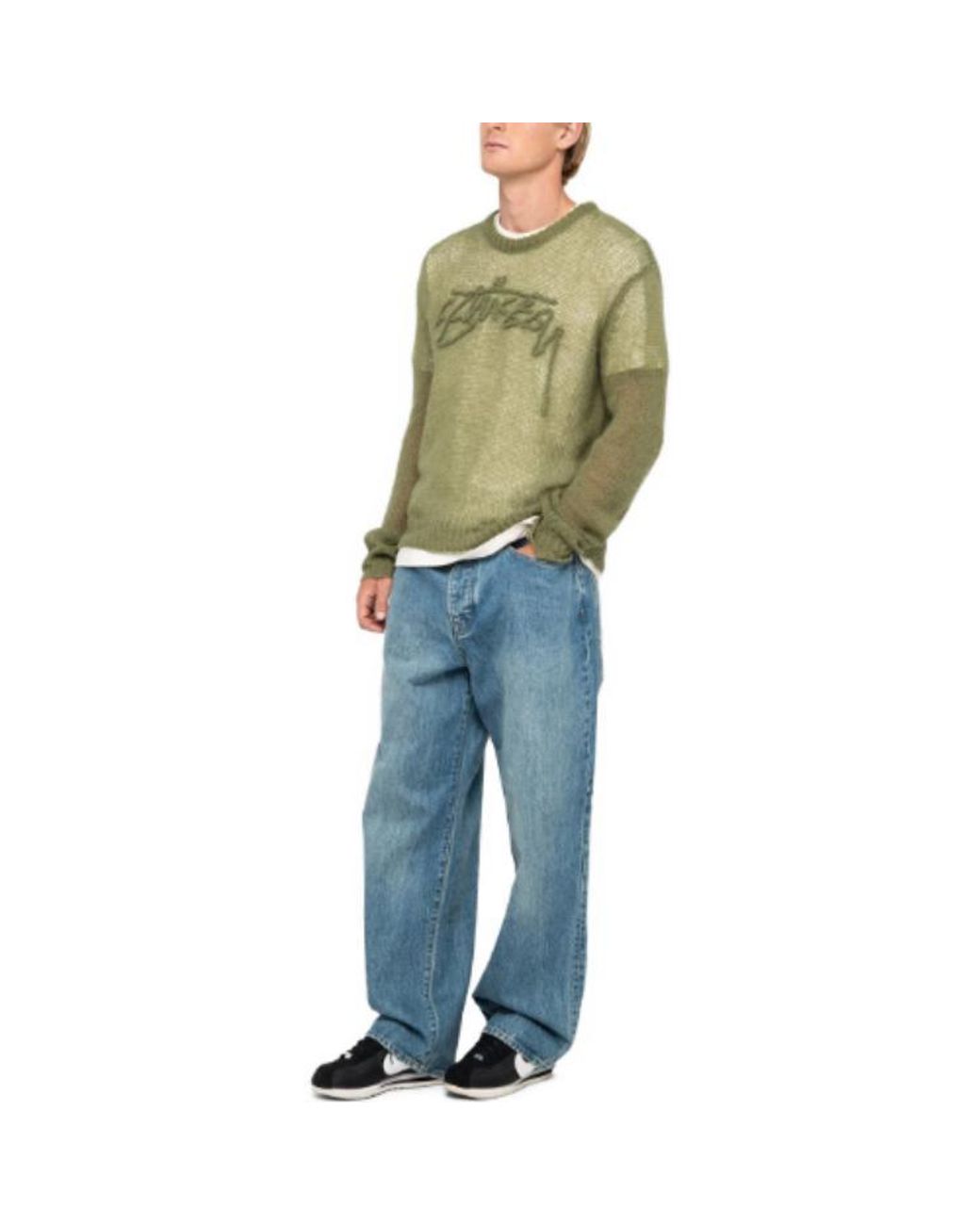 Stussy Green Loose Knit Logo Sweater 'Cypress' for men