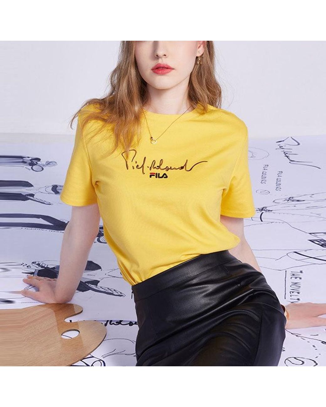 Fila Yellow (Wmns) Alphabet Logo Round Neck Casual Short Sleeve