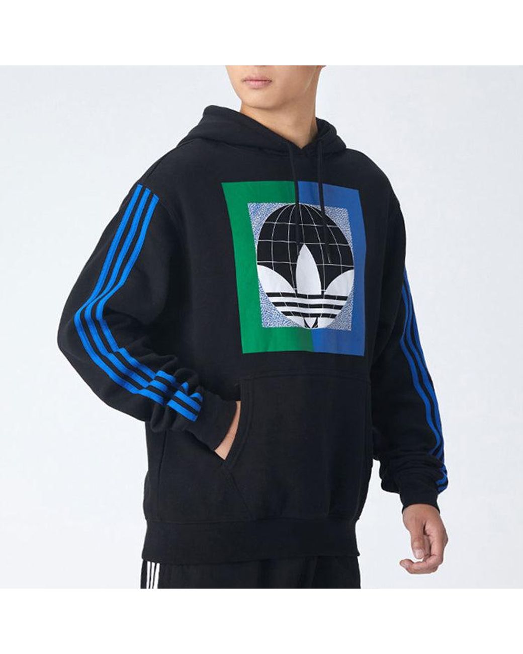 Adidas Blue Originals Colorblock Logo Printing Fleece Lined Hooded Pullover for men