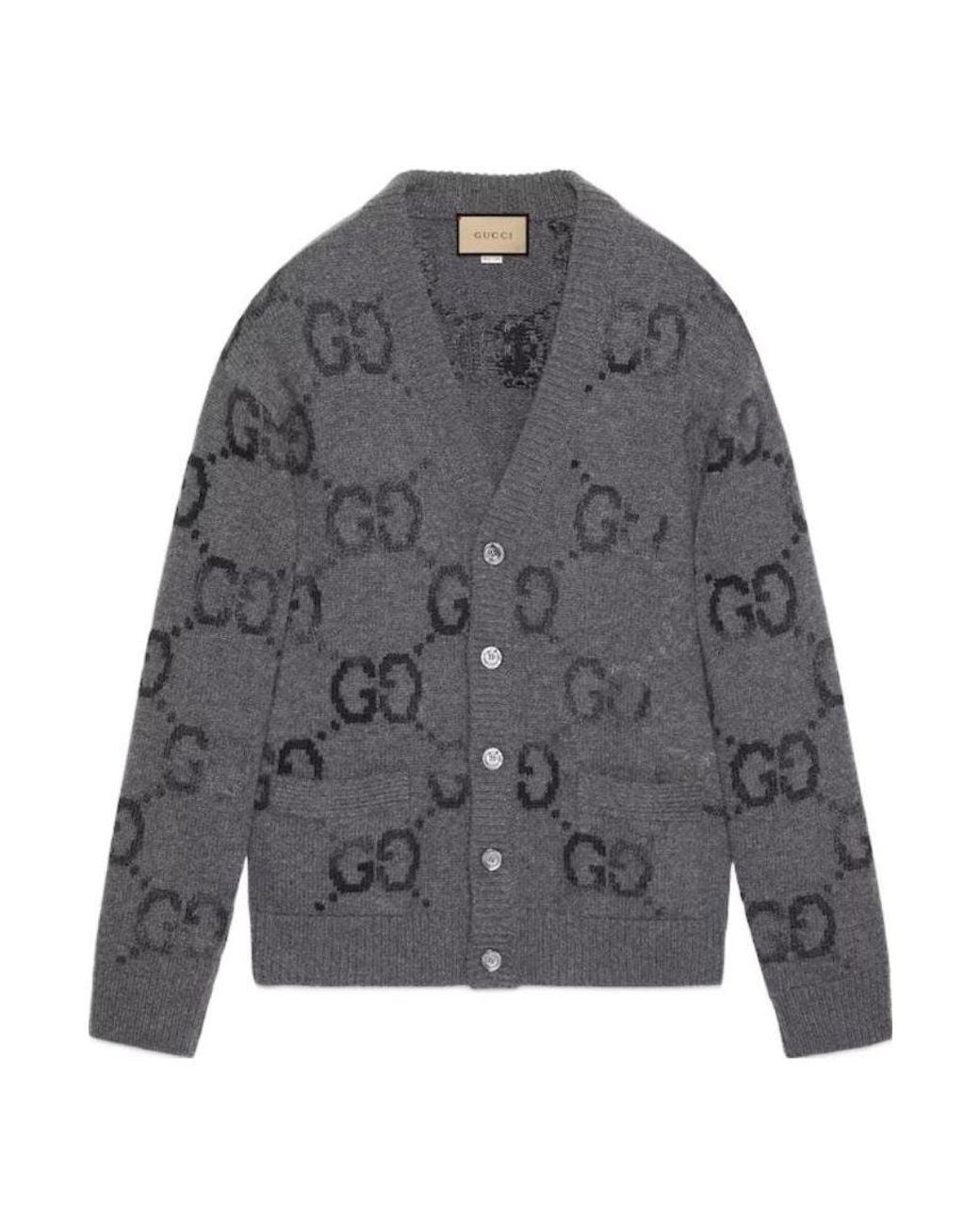 Gucci Gray Wool Cardigan With Gg Intarsia for men