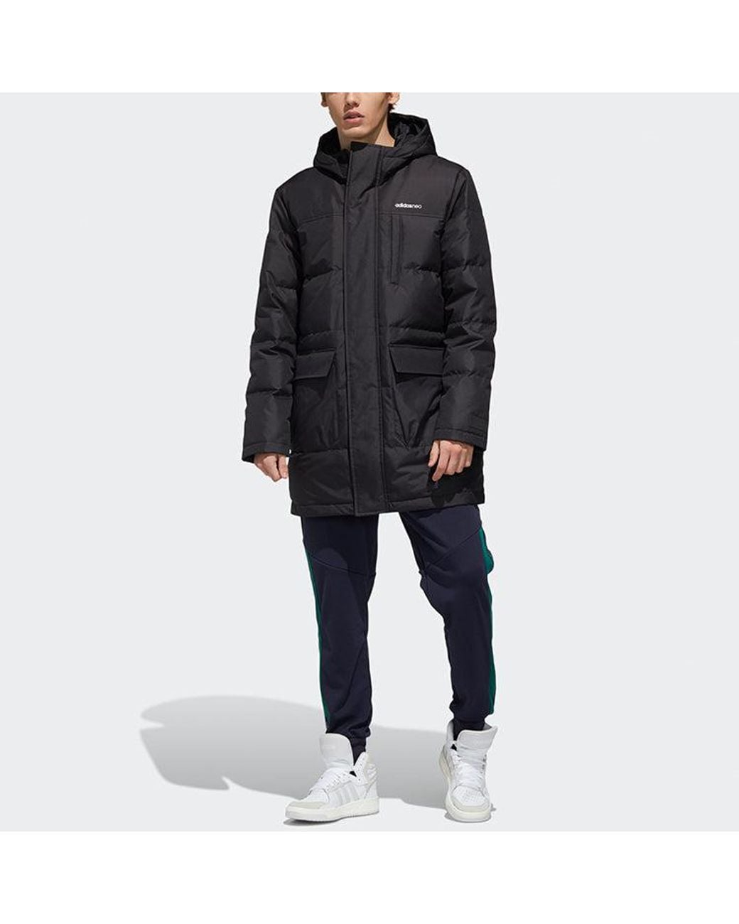 Adidas Black Neo M Wint Dwn Prka Windproof Stay Warm Mid-Length Sports Hooded Down Jacket for men