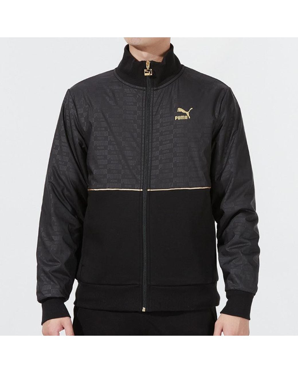 PUMA Black Luxe Jacket Logo Casual Sports Knit Stand Collar Asia Sizing for men