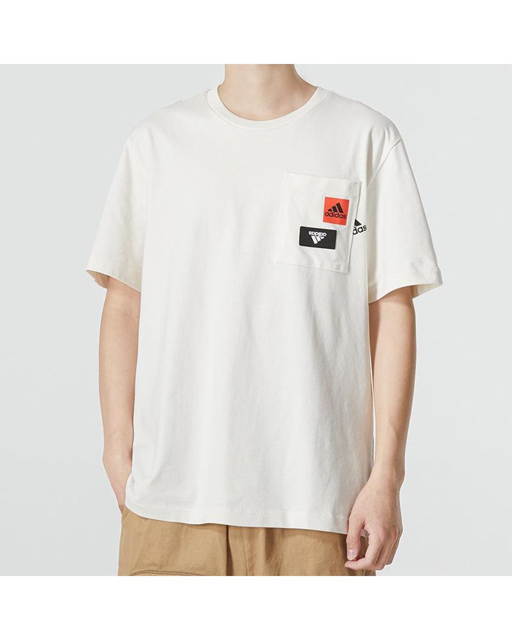 Adidas White Solid Color Logo Printing Pocket Athleisure Casual Sports Round Neck Short Sleeve T-Shirt for men