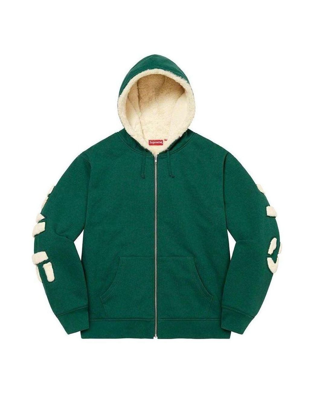 Supreme Green Faux Fur Lined Zip Up Hooded Sweatshirt for men