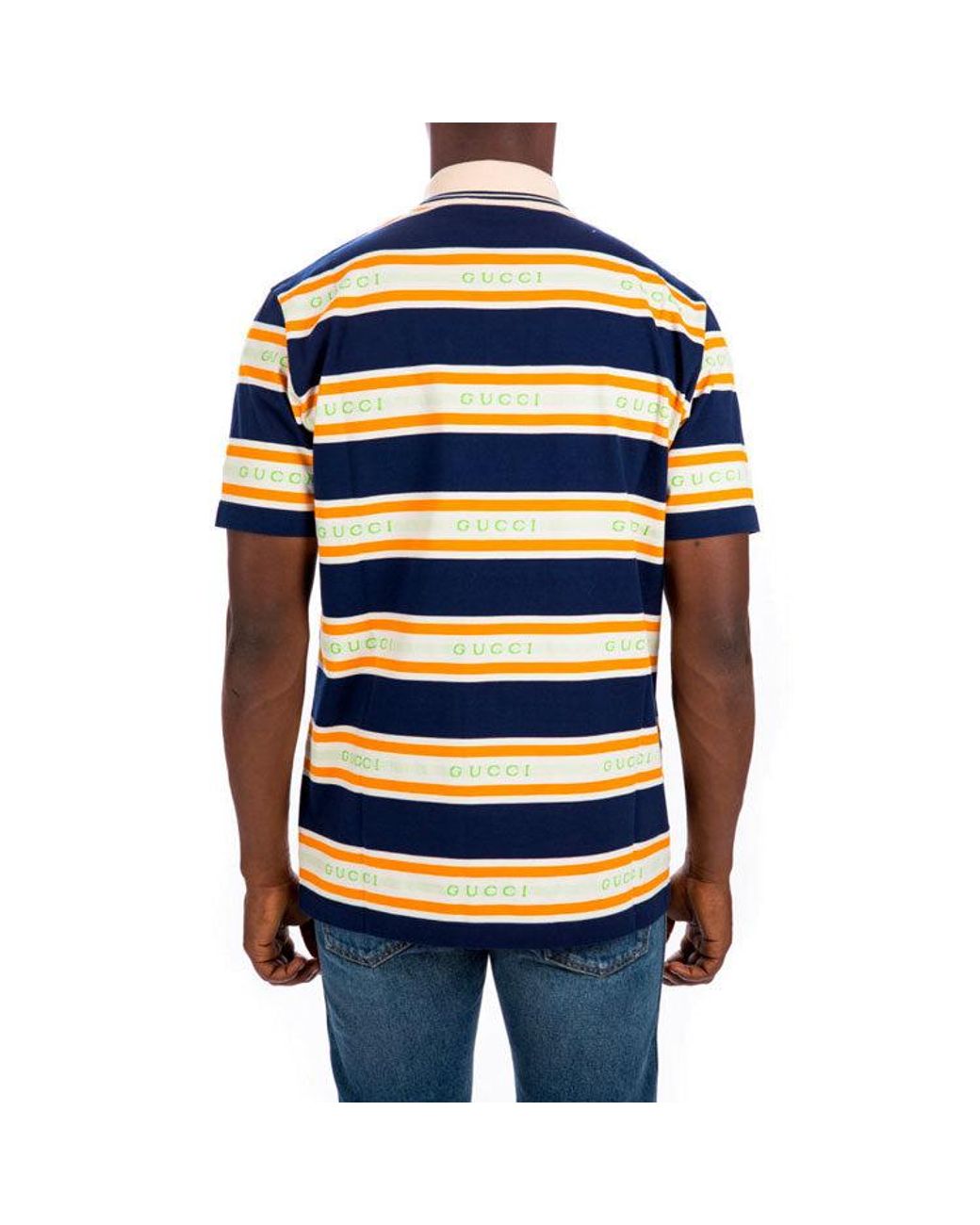Gucci Blue Logo Collar Stripe Polo 'Ink Ivory' for men