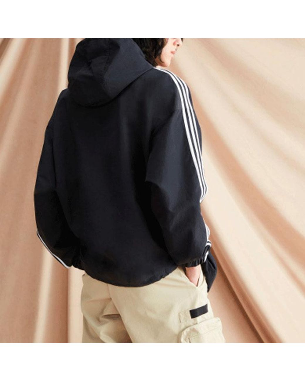 Adidas Black Originals Contrasting Colors Stripe Half Zipper Hooded Jacket for men