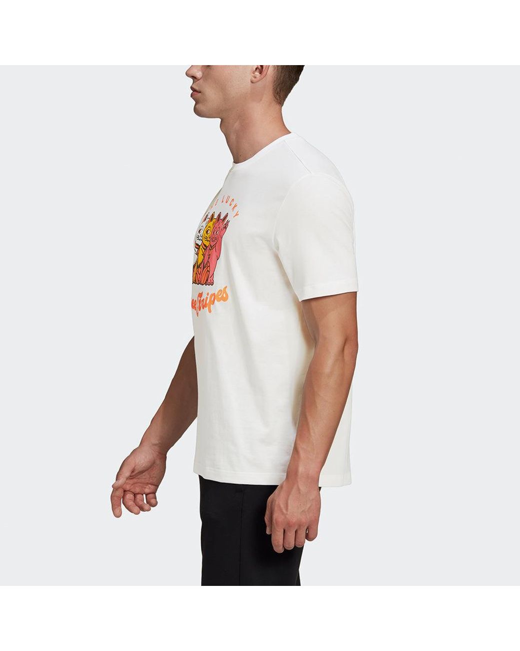 Adidas White 3 Cats Graphic Loose Sports Round Neck Cartoon Printing Short Sleeve for men