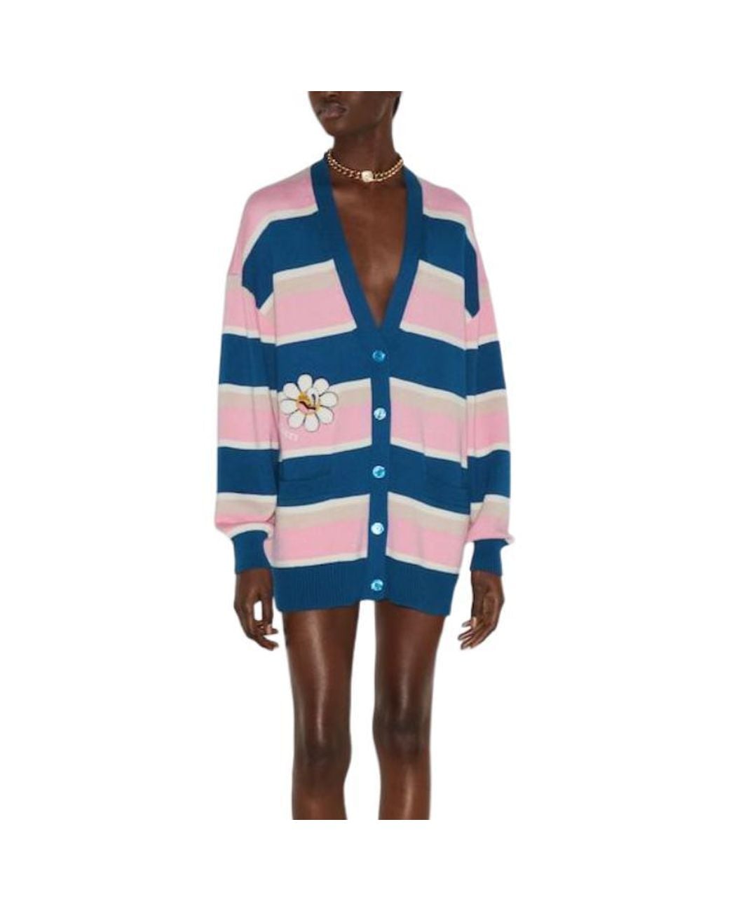 Gucci Blue (Wmns) Striped Cotton Wool Cardigan With Patch