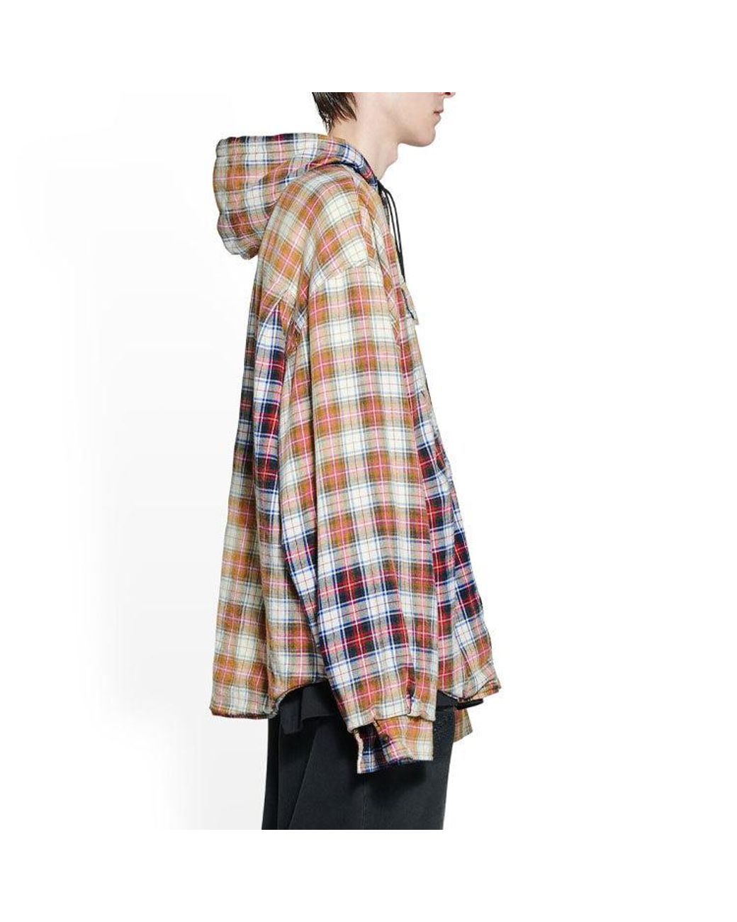 Balenciaga Brown Bleached Plaid Long Sleeve Hooded Shirt for men