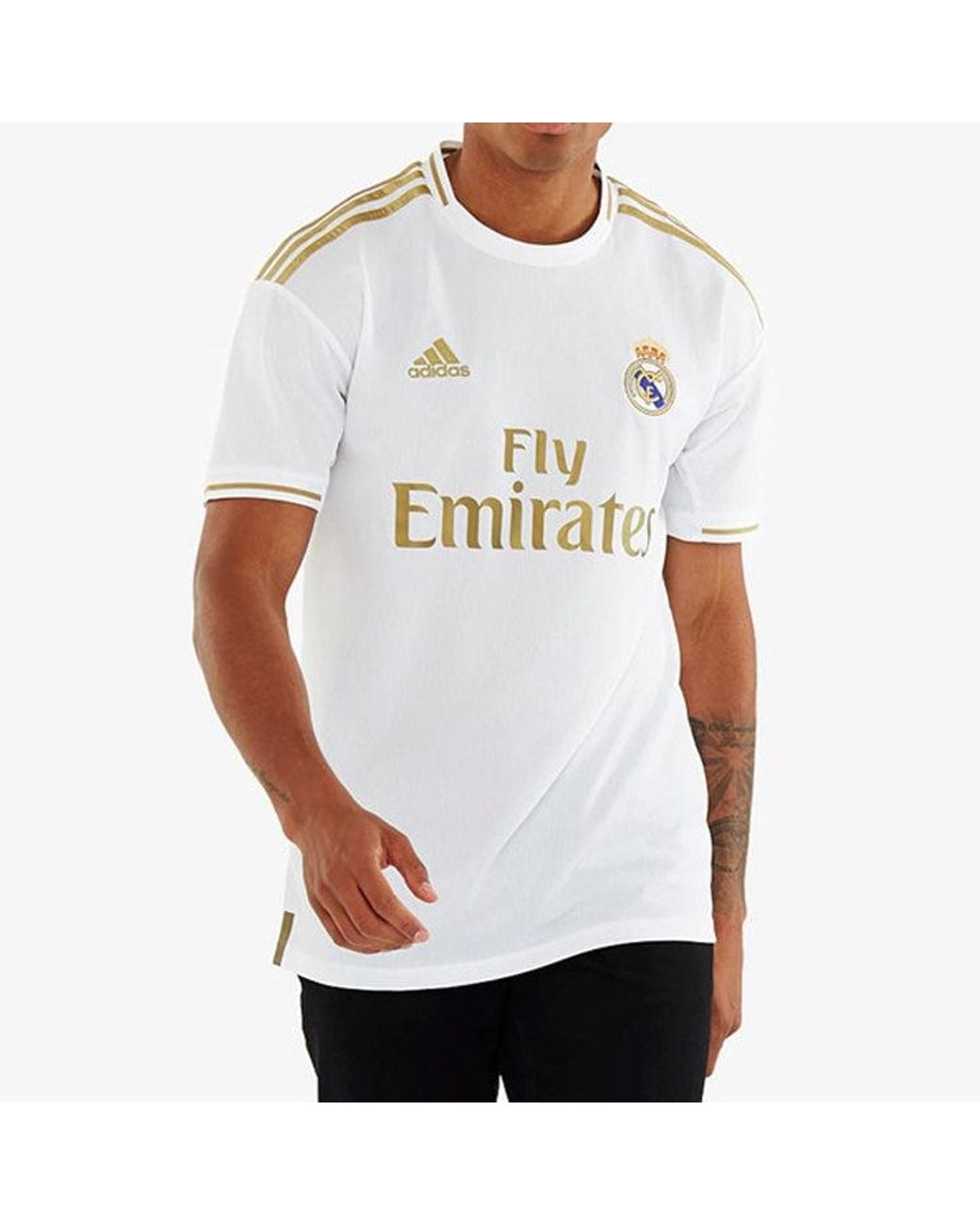 Adidas White Real Madrid 19-20 Season Fan Edition Home Alphabet Logo Stripe Sports Soccer/Football Short Sleeve Jersey for men