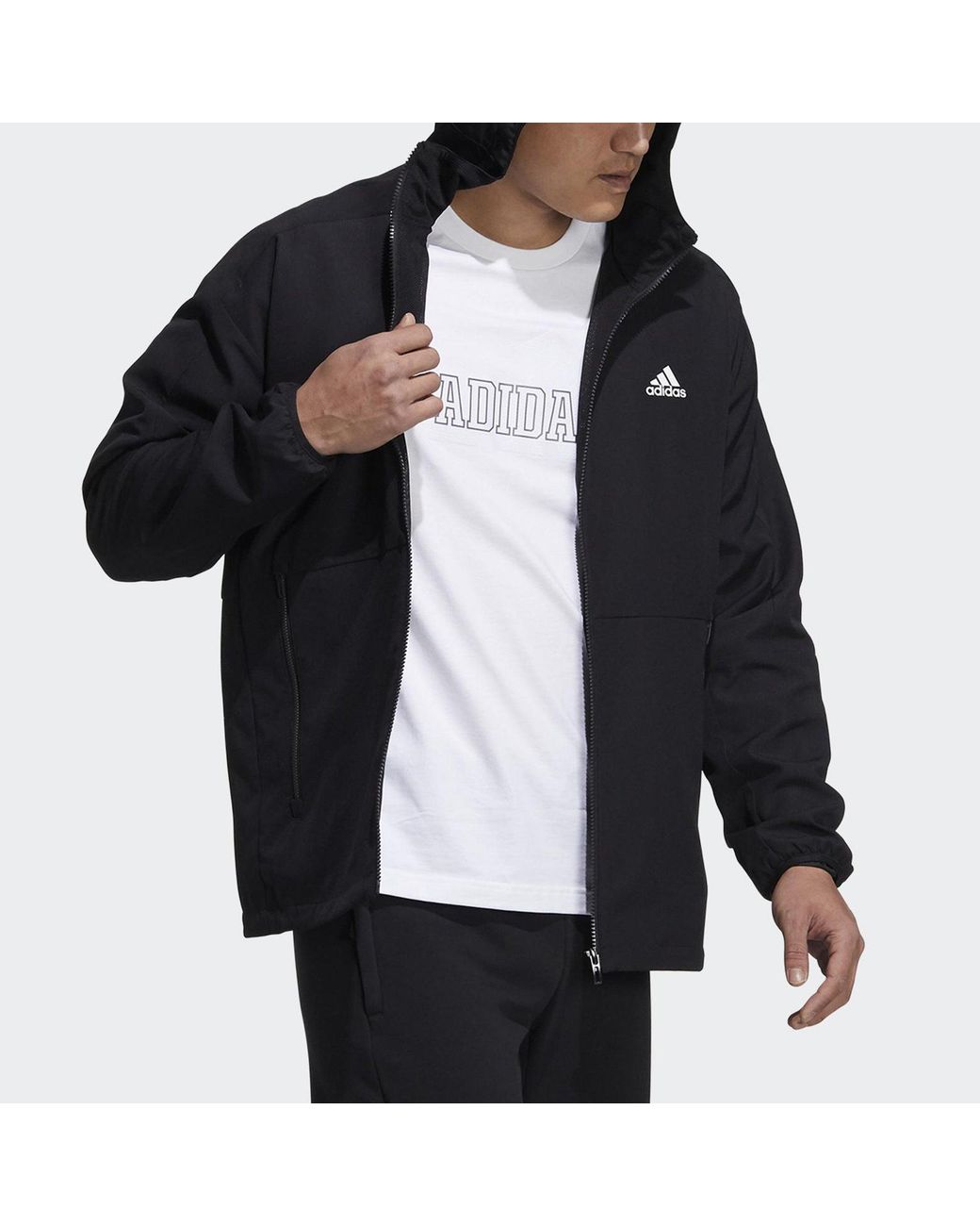 Adidas Black Sports Long Sleeves Woven Windproof Hooded Logo Jacket for men