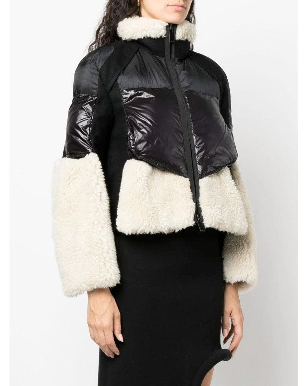 Sacai Faux Shearling Puffer Crop Jacket in Black | Lyst